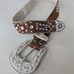 BHW Brown & Silver Rhinestone Studded Women's Belt 34" Cowhair Rodeo